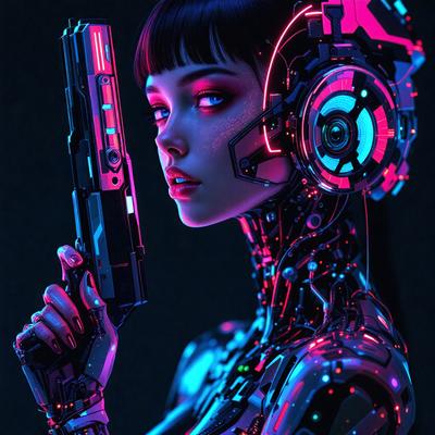 The primary subject of the image is a woman with a futuristic appearance, holding a gun. She is wearing a glowing, neon-colored outfit and has a distinctive look. The setting appears to be a futuristic environment, possibly a video game or a science fiction scene. The visual style of the image is digital art, with the woman's outfit and the gun being the main focus. The colors and mood of the image are vibrant and energetic, with the neon